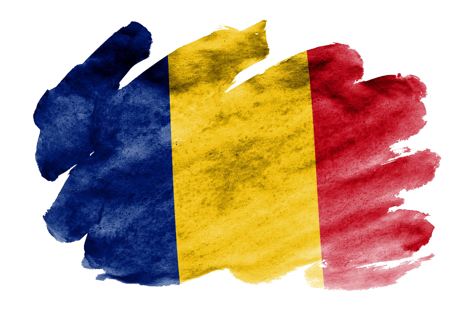 Romania flag is depicted in liquid watercolor style isolated on white background